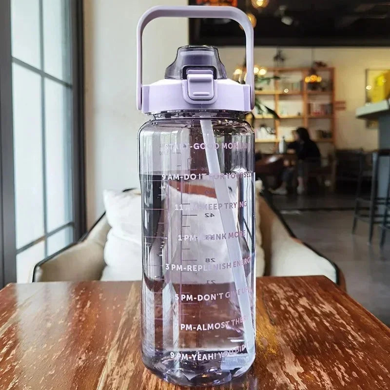 2L Straw Water Bottle Large Capacity Plastic Water Cup Portable Drink Bottle With Time Marker For Outdoor Sports Fitness