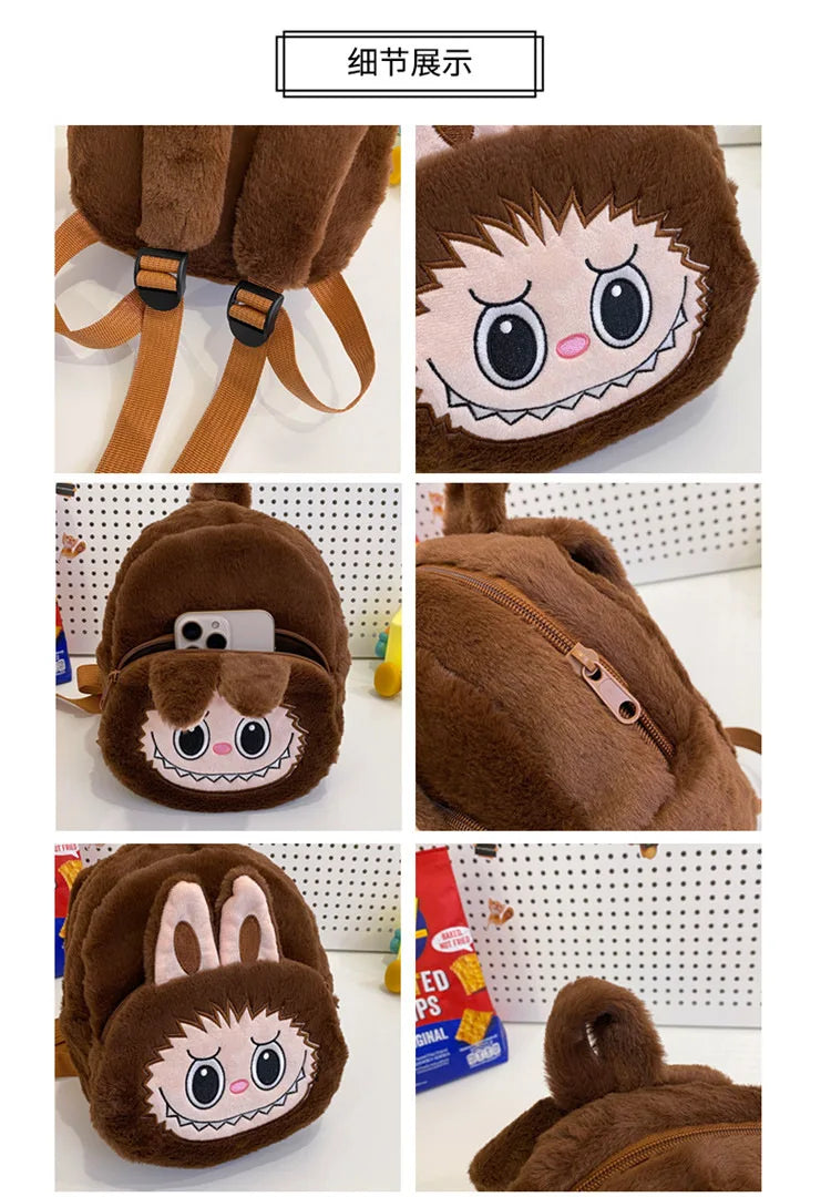 2024 Labubu Bakcpack for Girls Kids Cute Cartoon Plush Doll Bag Student Kawaii Backpack Outdoor Travel Bag