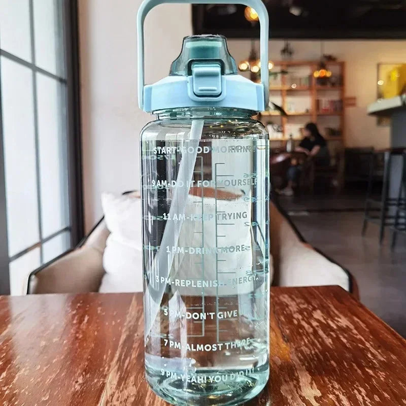 2L Straw Water Bottle Large Capacity Plastic Water Cup Portable Drink Bottle With Time Marker For Outdoor Sports Fitness