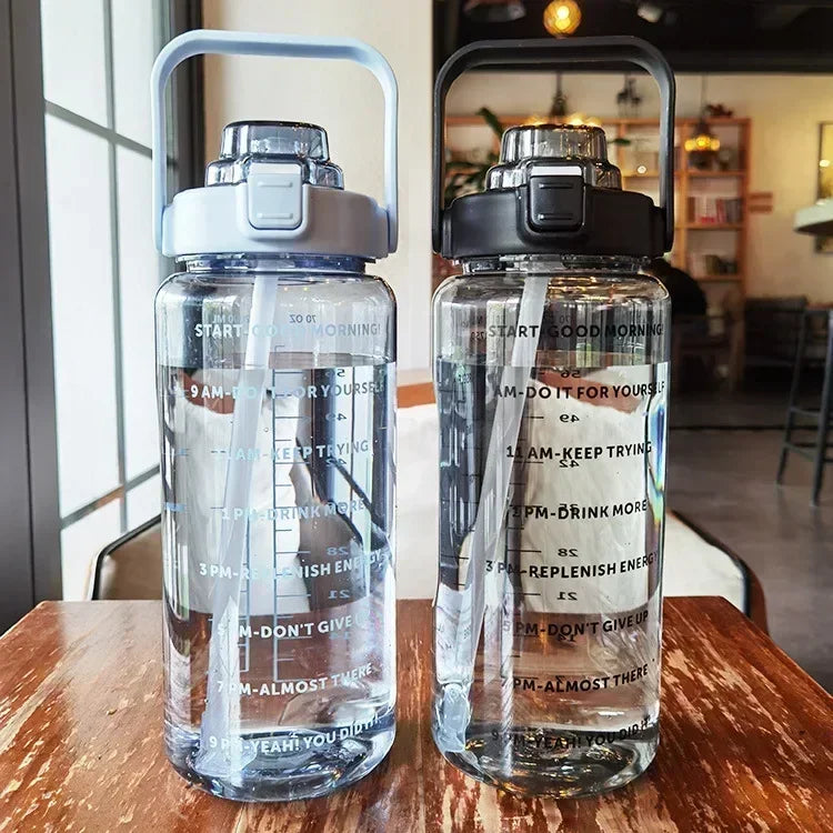 2L Straw Water Bottle Large Capacity Plastic Water Cup Portable Drink Bottle With Time Marker For Outdoor Sports Fitness