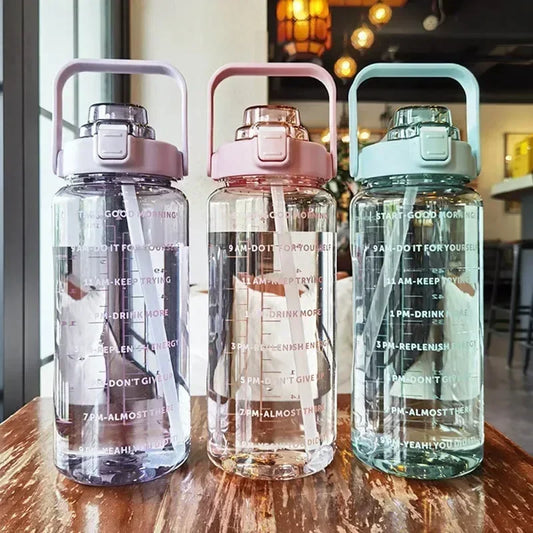 2L Straw Water Bottle Large Capacity Plastic Water Cup Portable Drink Bottle With Time Marker For Outdoor Sports Fitness